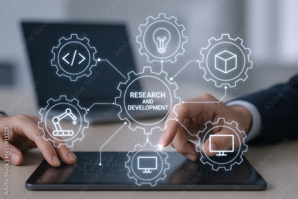 Poster research and development on tablet with digital transformation icons representing future technology 