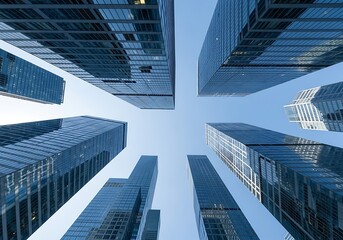 Looking up at modern glass skyscrapers from below creating a geometric perspective of tall buildings against a clear sky