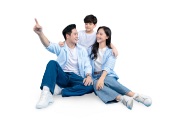 A Asian family of three, pointing into the distance, embracing the warmth of togetherness and looking towards the future on png background