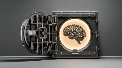 3D vault door with AI brain relief carving luminous outline security tech fusion illustration concept scene visual for commercial design use high detail quality stock image illustration concept scene 