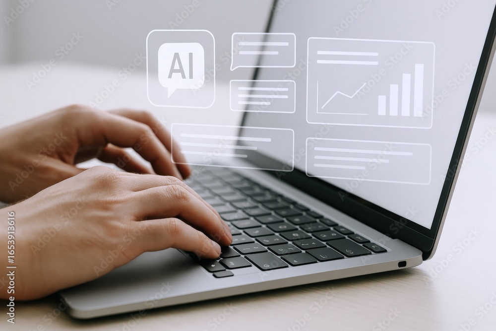 Poster hands typing on laptop with ai interface overlay for business and technology applications