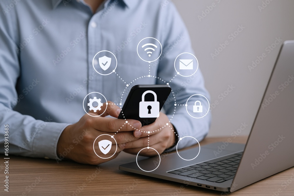 Poster data security technology with a man holding a mobile phone displaying a digital lock icon