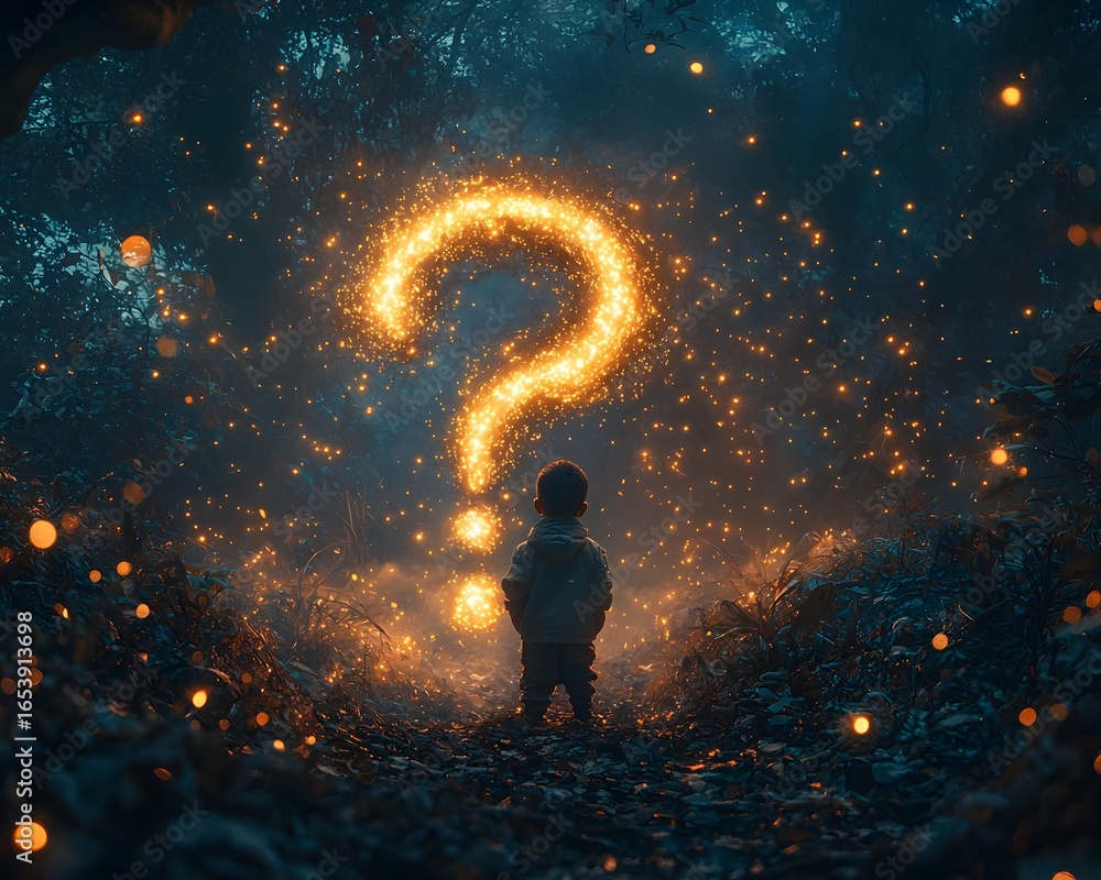 Poster a child exploring a mystical forest surrounded by glowing fireflies forming a question mark