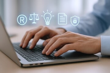 Protecting Intellectual Property Online: Lawyer Working on Copyright, Patent and Trademark Law on a Laptop