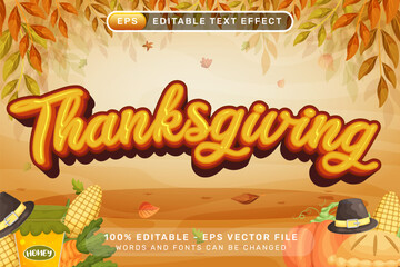 Happy Thanksgiving Editable Text Effect with Autumn Leaves and Harvest Elements Vector