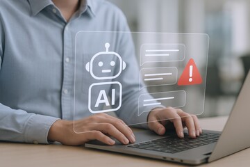 AI Error: Man Typing on Laptop with Chatbot Icon and Alert Symbol Overlay
