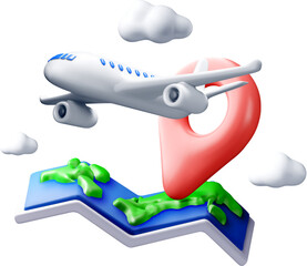 3D Airplane with Route Marker and Clouds