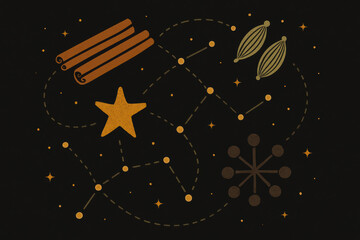 Spices Constellation Illustration &ndash; Cinnamon, Cardamom and Star Anise in Cosmic Style