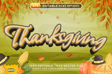 Happy Thanksgiving Editable Text Effect with Autumn Leaves and Harvest Elements Vector