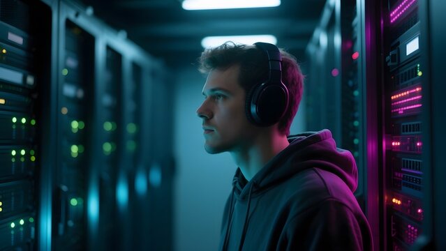 A person wearing headphones stands in a server room illuminated by colorful lights. - Powered by Adobe