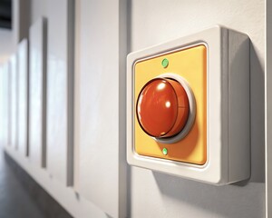 Red emergency stop button on wall-mounted panel with green indicator light