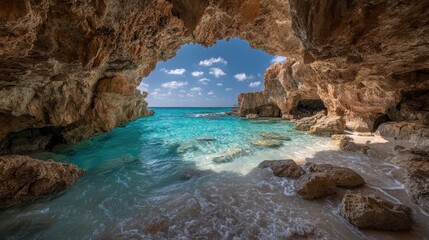 Fototapeta premium Sun-drenched turquoise cove through a rock arch