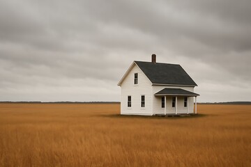Obraz premium White Farmhouse on a Caramel Field Under an Overcast Sky