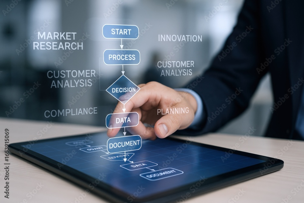 Aufkleber digital workflow management: businessman navigating business processes on a tablet interface for str
