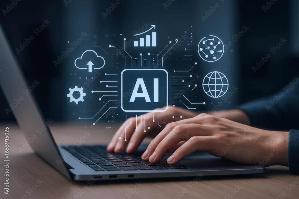 Poster artificial intelligence integration: person using laptop with ai visuals representing technology and