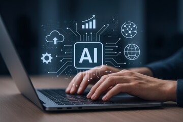Artificial Intelligence Integration: Person Using Laptop with AI Visuals Representing Technology and Data Analysis