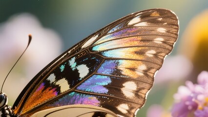 Close-up of a butterfly with vibrant, iridescent wings against a soft, blurred floral background.