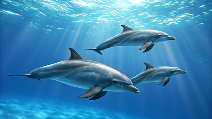 Fototapeta premium Three Dolphins Swimming Underwater with Sun Rays | Marine Wildlife for Conservation, Oceanography and Educational Materials