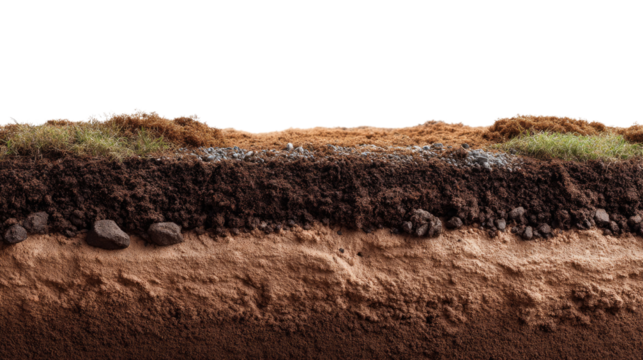 Soil Layers: A cross-section revealing the intricate layers of earth's composition, showcasing a visual exploration of soil structure, geological formations and environmental science.