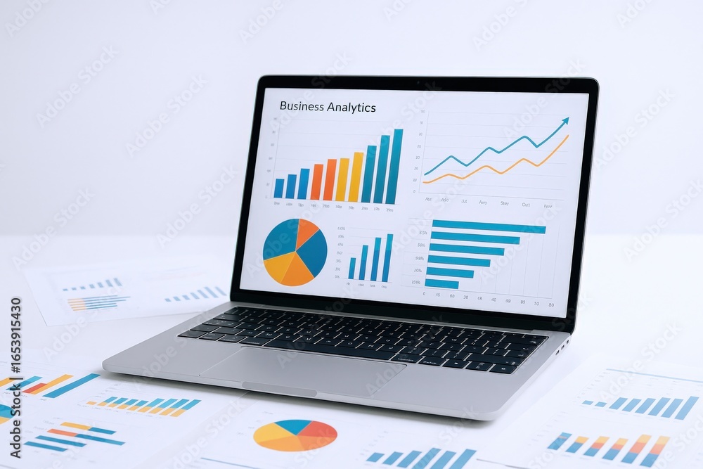 Poster laptop displaying business analytics charts and graphs for data analysis and financial performance r