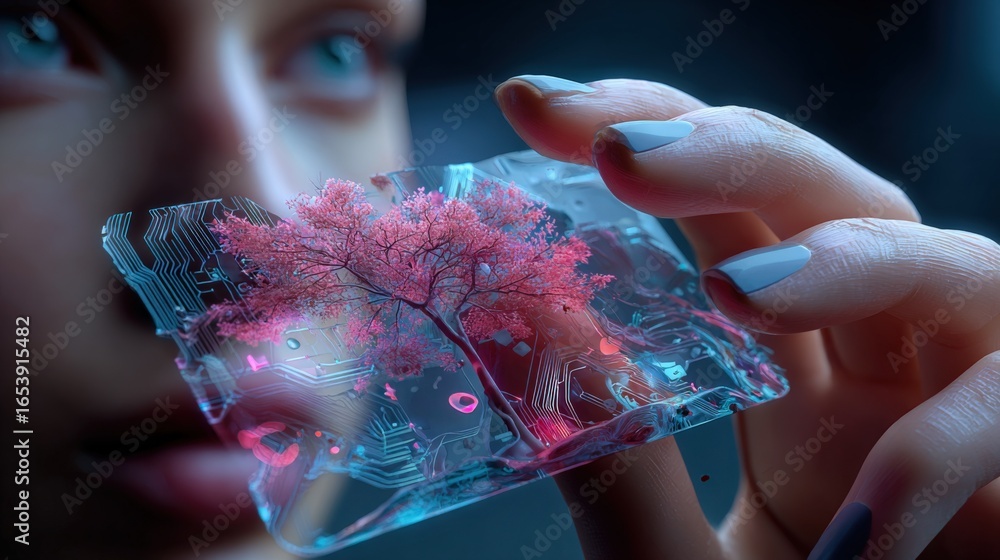 Aufkleber futuristic technology: woman holding transparent device displaying abstract tree and circuitry