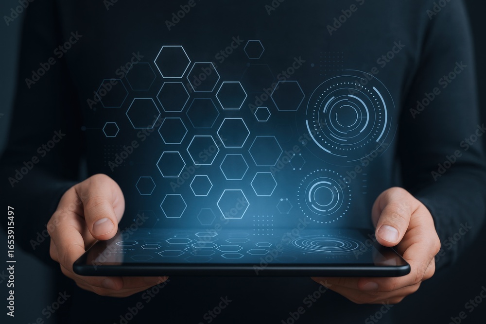 Poster person holding tablet with digital hexagon and circle overlays representing data analysis