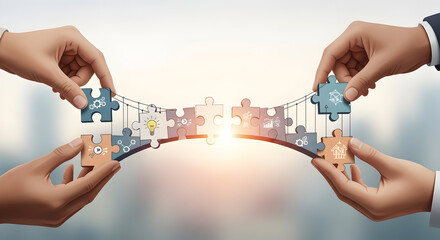 Hands building puzzle bridge teamwork