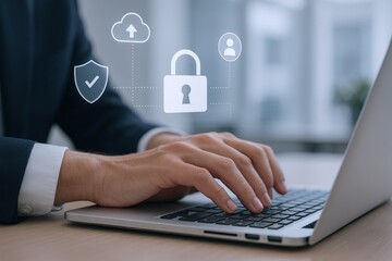 Data Security Specialist Typing on Laptop with Digital Safety Icons Overlaying the Device