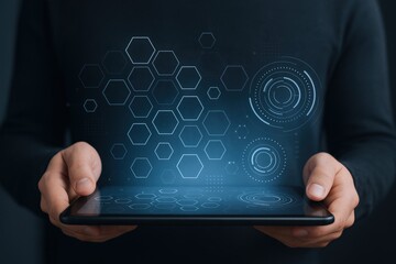 Person Holding Tablet with Digital Hexagon and Circle Overlays Representing Data Analysis