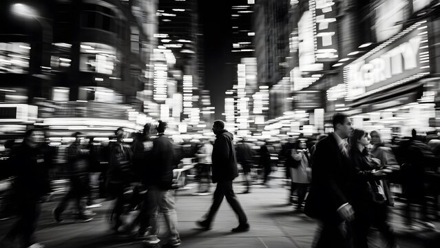 Black and white urban scene with blurred pedestrians and illuminated buildings at night