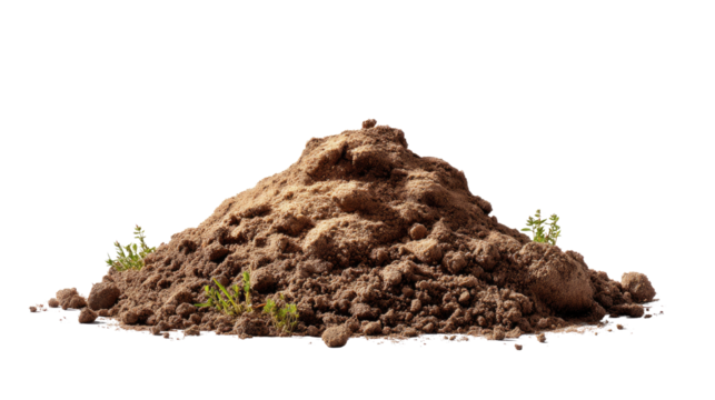 Earth mound with plants: An artful close-up of a rough earth mound. a small amount of plant life grows in it