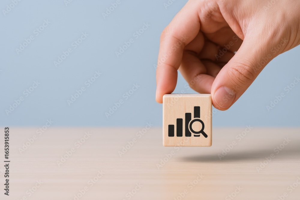 Poster hand holds wooden block with graph icon for data analytics and business intelligence