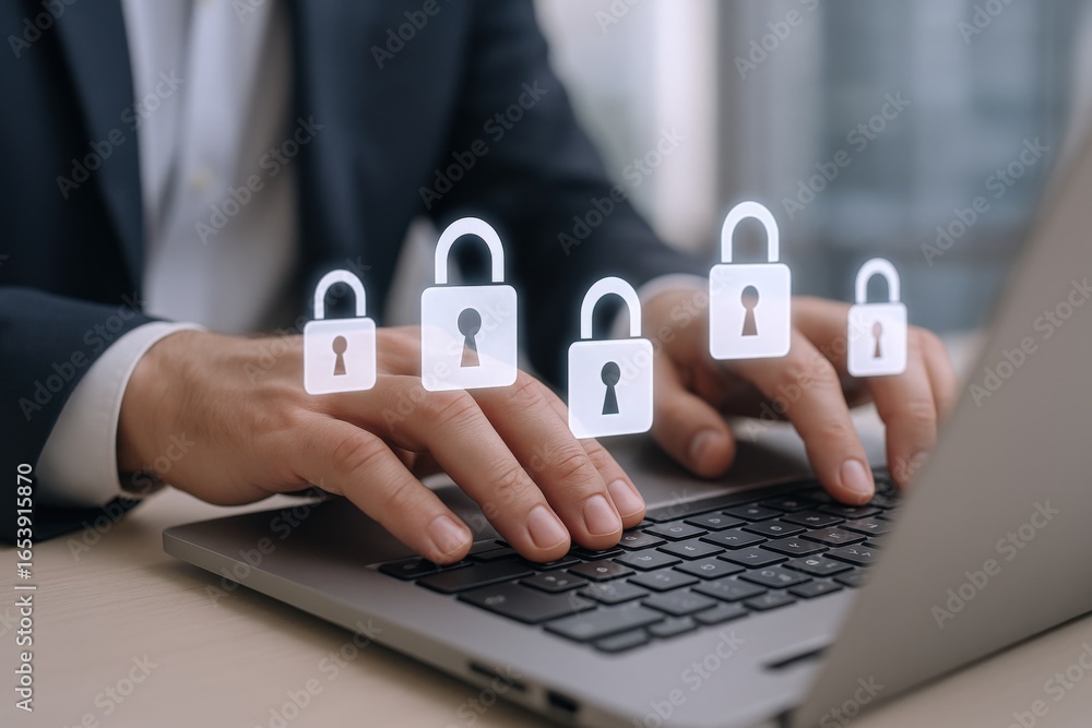 Poster cybersecurity professional typing on laptop with lock icons emphasizing data protection and online s