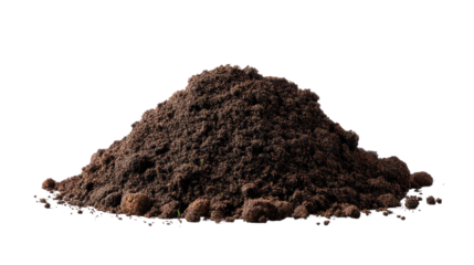 Dark Soil Pile: Rich, dark soil piled high, showing texture and moisture. Ideal for gardening, agriculture, or environmental themes.