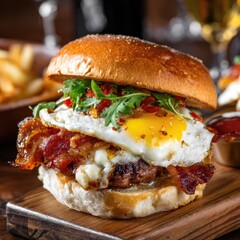 Delicious gourmet burger with fried egg, bacon, and a salad topping