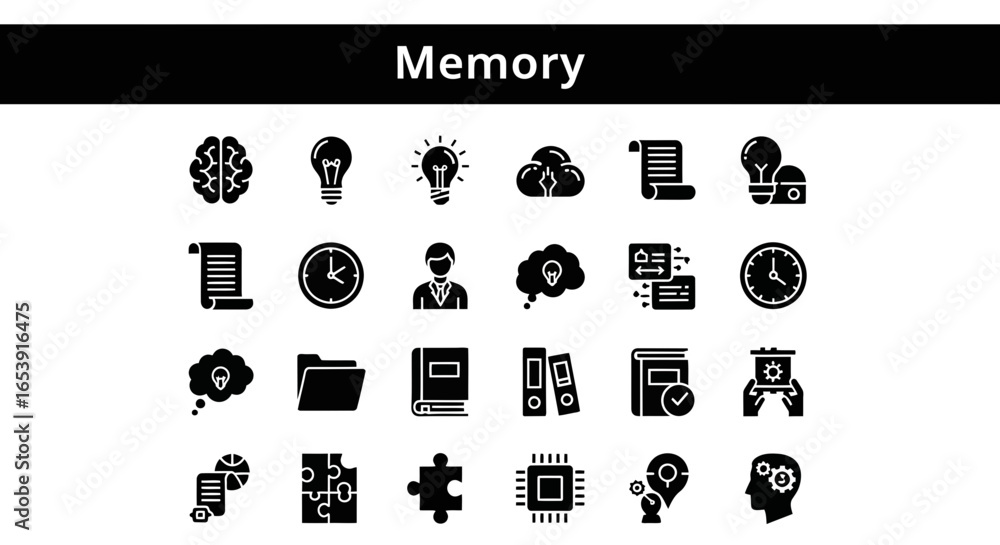 Poster Memory icons set: data, computing, and technology symbols.