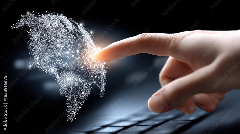 Poster digital transformation: hand interacting with virtual globe, futuristic technology interface for glo