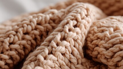 Close-up of Cozy Beige Knit Fabric Texture: Soft, Warm, and Comforting Textile Detail