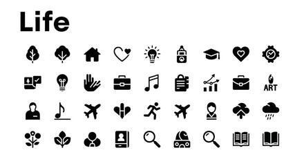 Life icons set: family, community, and lifestyle symbols.