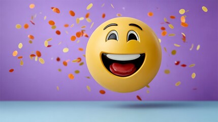 A yellow emoji with a big smile and red tongue is floating in the air with confetti falling around it. Concept of joy and celebration