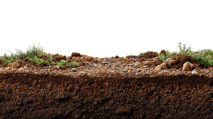 Fototapeta premium Cross-Section of Earth: An intricate cross-section showcases the layers of earth, including fertile soil, small plants, and various textures and hues, revealing the essential elements of the planet