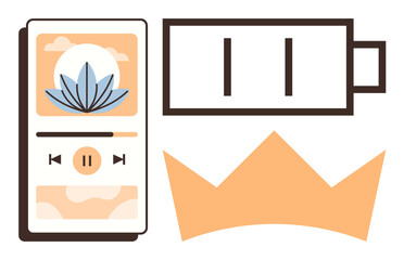 Music player with a lotus, paused battery icon, and orange crown. Ideal for mindfulness, meditation, self-care, relaxation, empowerment balance digital wellness. Simple flat metaphor