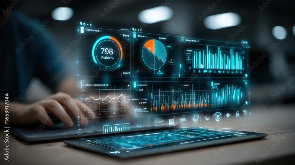 Poster data visualization on digital interface: man interacting with holographic business analytics dashboa