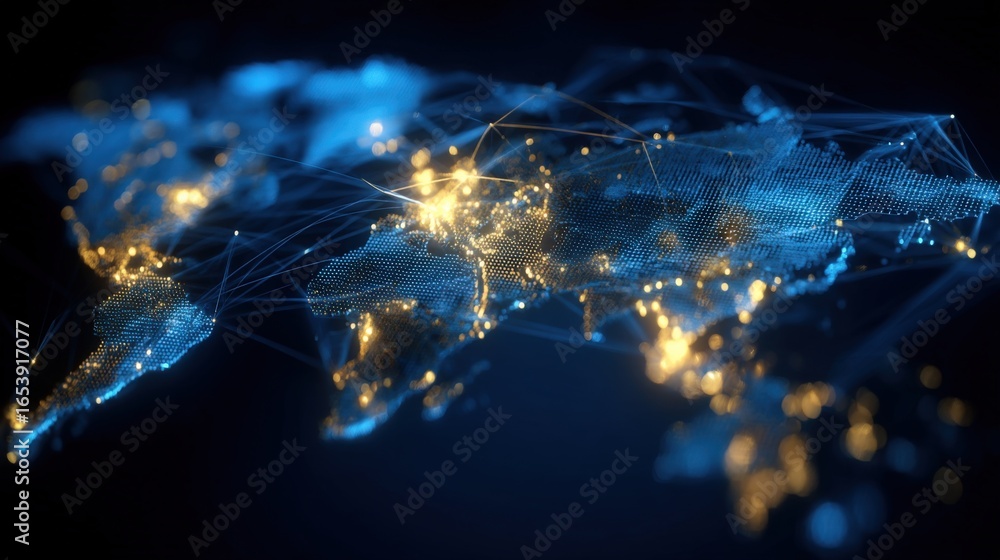 Poster global network connection: abstract world map with interconnected nodes and data flow in blue and go