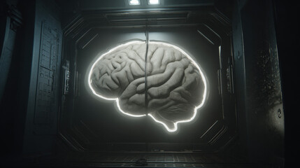 3D vault door with AI brain relief carving luminous outline security tech fusion illustration concept scene visual for commercial design use high detail quality stock image illustration concept scene 