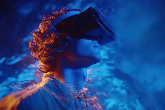 Immersive VR Experience: Young Man Exploring Virtual Reality with Headset in a Futuristic Blue Environment - Powered by Adobe