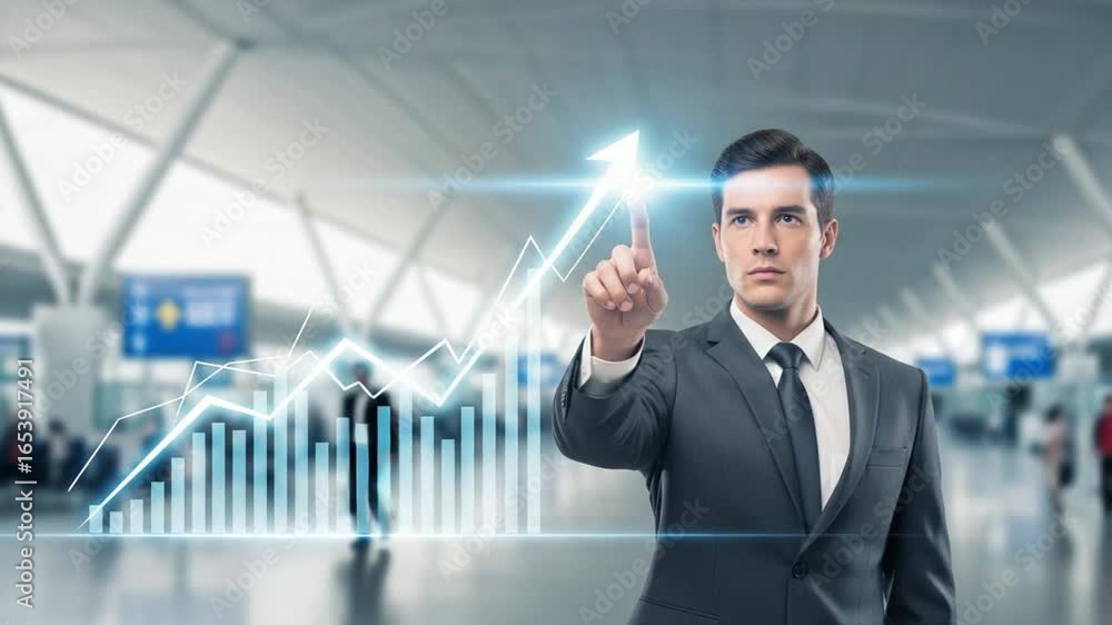 Poster man in suit interacting with glowing graph in modern airport terminal with blurred background