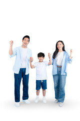 Fototapeta premium A Asian family of three, arm in arm, celebrating a moment of togetherness on png background