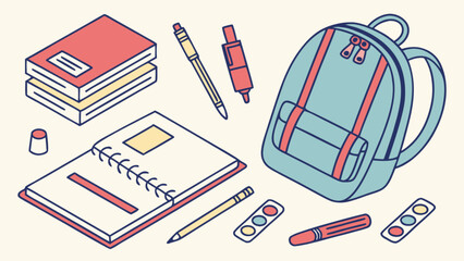 Back to school supplies backpack books notebook pens pencils watercolor education stationery study learning art