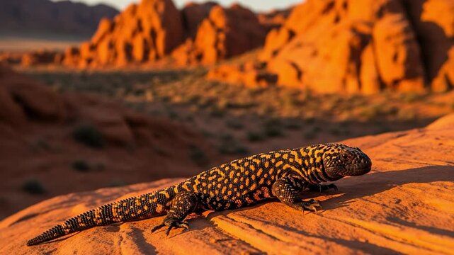 A Gila monster lizard basks on a red sandstone rock in a desert canyon during a warm sunset. Wild reptile in its natural habitat.